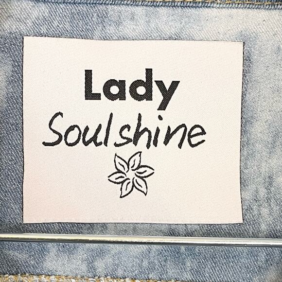 Lady Soulshine Bleach Splattered Good Vibes Only Rainbow Denim Jacket Small NWT - Picture 8 of 11